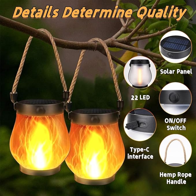 Dancing Flame Solar Lantern Outdoor Lights, Flickering Flame Hanging Lanterns with Magic Flames, Dual Charging (Solar & USB), Waterproof for Garden, Patio, Yard, Pathway (2 PCS)