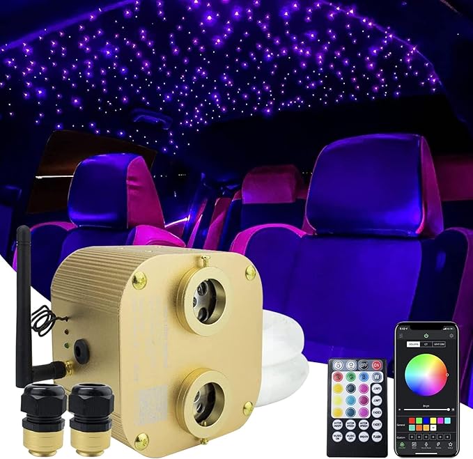 AMKI Dual-Head Twinkle RGBW 20W Fiber Optic Light 1100pcs*0.03in*13.1ft Cable, Dual Port Starlight Headliner for Car Home Ceiling Decor Sound Activated Bluetooth/APP Remote Control Light Box