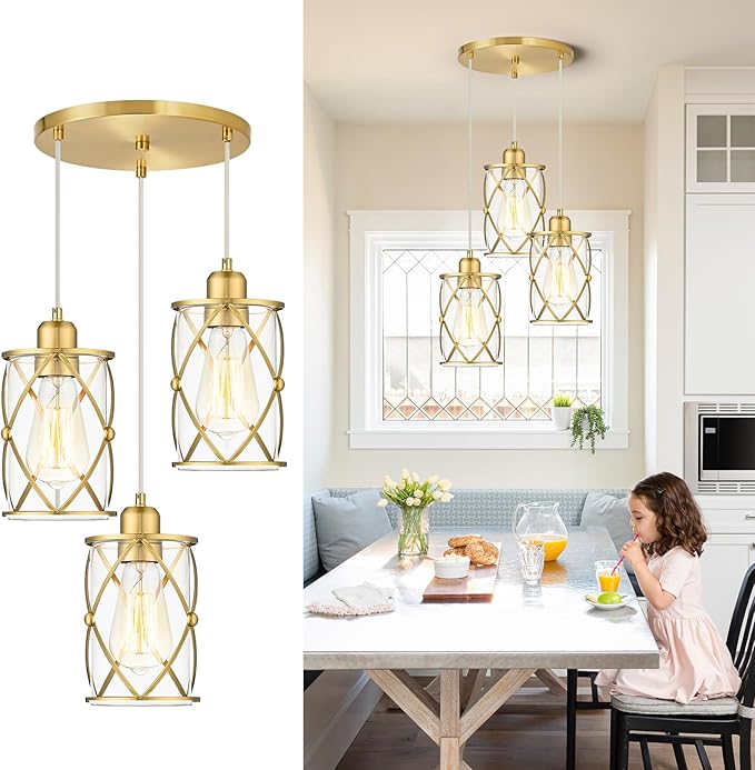 Brushed Gold Dining Room Chandeliers Light Fixtures, Modern 3-Light Pendant Lighting with Clear Glass, Farmhouse Cluster Kitchen Hanging Lights for Sink Bedroom, CH9176BG3
