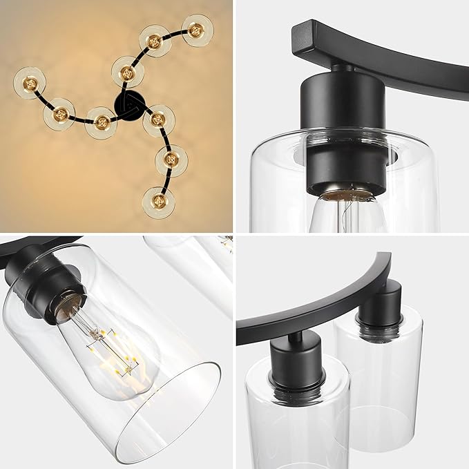 9-Light Modern Farmhouse Chandelier，29.5" Black Dining Room Light Fixture，Industrial Pendant Lights Kitchen Island,Metal Bracket with Downward Clear Glass Shade