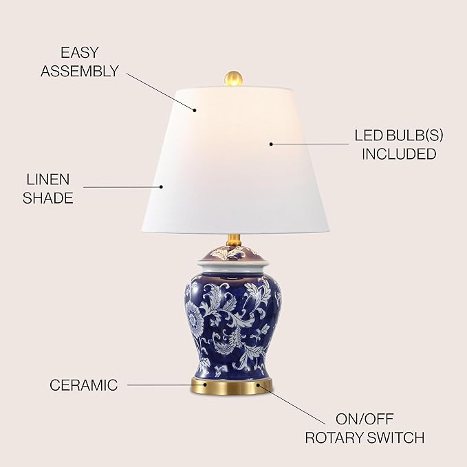 JONATHAN Y JYL3005D Penelope 22" French Country Cottage Ceramic/Iron Chinoiserie Ginger Jar LED Table Lamp, Navy/White for Bedroom, Living Room, Office, College