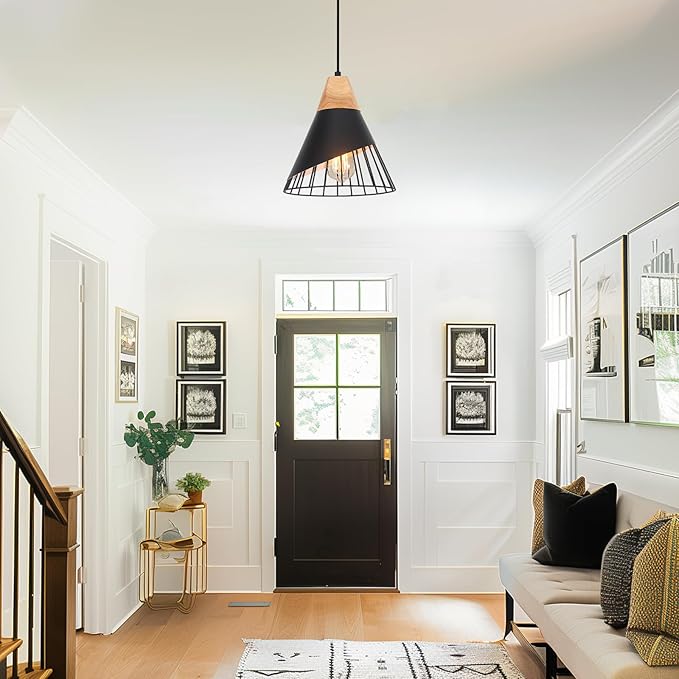 Black Pendant Light, 1 Pack 9.4inch Modern Pendant Lights, Farmhouse Pendant Light, Kitchen Pendant Lighting, Black Pendant Lights Kitchen Island for Living Room, Bar, Bedroom, Office