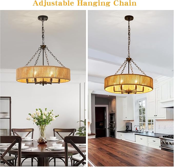 Farmhouse Ceiling Chandelier, 24-inch Bohemian Style Natural Rustic Woven Hemp Rope Pendant Light Round Black Suspension Fixture Suitable for Living Room, Bedroom, Dining Room, Kitchen