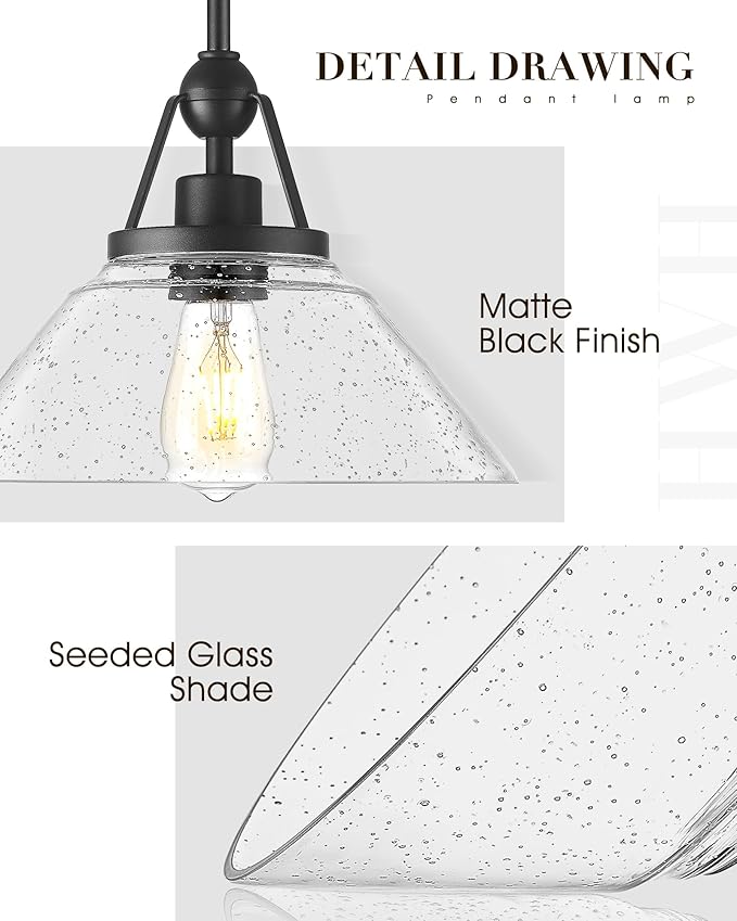 Black Pendant Light, HWH Hanging Light Fixtures for Dining Room, Bedroom, Glass Pendant Light for Kitchen Island with Seeded Glass, 5HYS89MIL-G1 BK