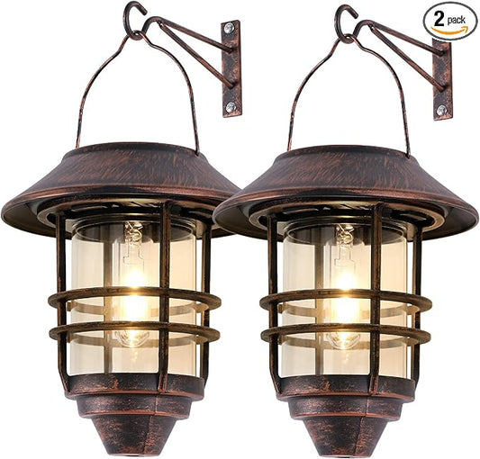 Solar Lantern Outdoor, Hanging Waterproof Solar Lights with Wall Mount Kit for Garden Porch Fence 2 Pack,Bronze