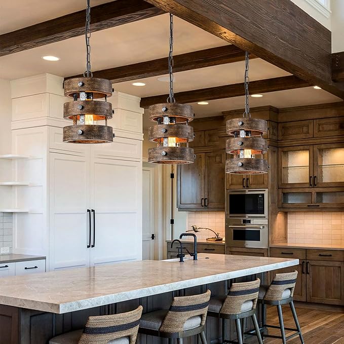 Farmhouse Wood Pendant Lights Kitchen Island, Dining Room Lighting Fixtures Over Table, Rustic Chandelier, Height Adjustable Hallway Light for Foyer Living Room Bar Restaurant