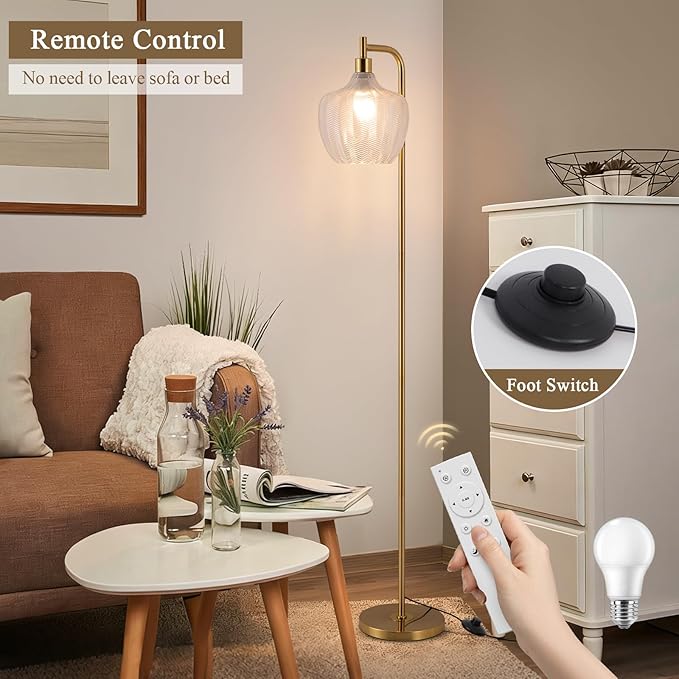 Gold Floor Lamp for Living Room, Modern Standing Lamp with Remote, Dimmable Clear Glass Tall Lamp, Mid Century Vintage Floor Lamps for Bedroom, Study Room (Clear)