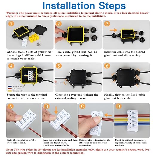 Helunsi Waterproof Junction Box 3 Way, IP68 External Waterproof Electrical Junction Box, Black Underground Junction Box Outdoor Cable Connector, for Diameter 5mm -14mm Wire Gland (1 Pack - Larger)