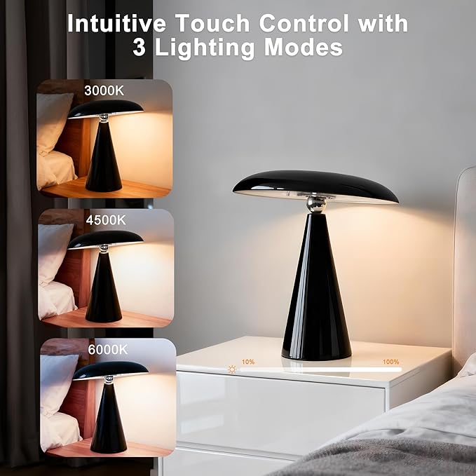 Mushroom Lamp Mid Century Modern Table Lamp, LED Cordless Rechargeable Bedside Light, Dimmable Touch 3-Color Temp, Retro Small Lamp for Bedroom, Living Room，Aesthetic Decor(Black)