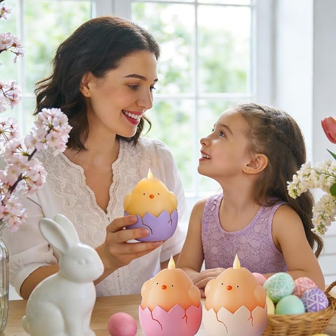 3PCS Easter Hatching Chick Flameless Candles – Easter Candles with Remote, Battery Operated LED Egg Candles in Pink Purple Ivory, Flickering Flame & Timer for Spring Table Centerpiece, Home