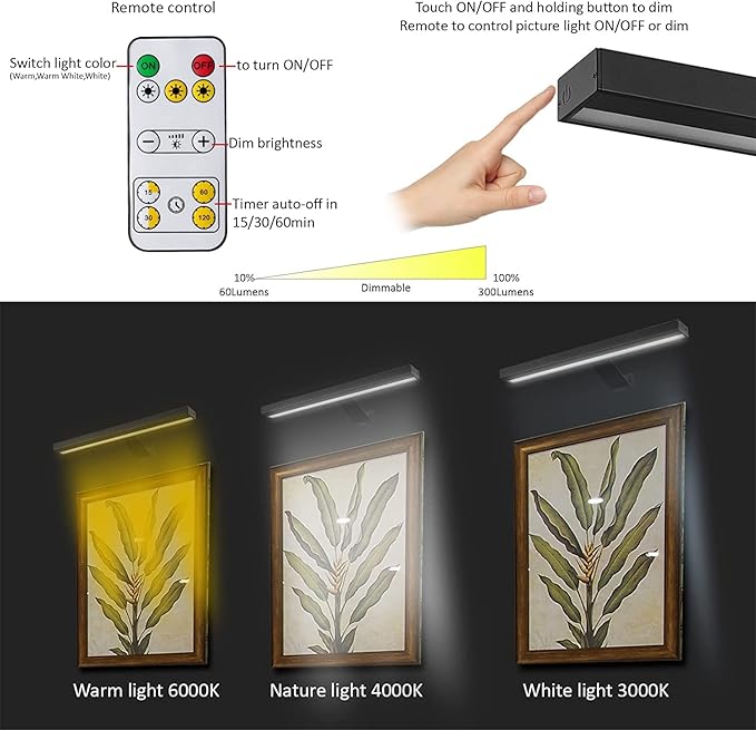 MIOBLUE Wireless Picture Lights,Rechargeable Battery Art Display Light with Remote Control, Dimmable/Timer Off Dartboard Light 16 Inch Full Metal Accent Lamp with 40LEDs for Paintings,Picture,Frame