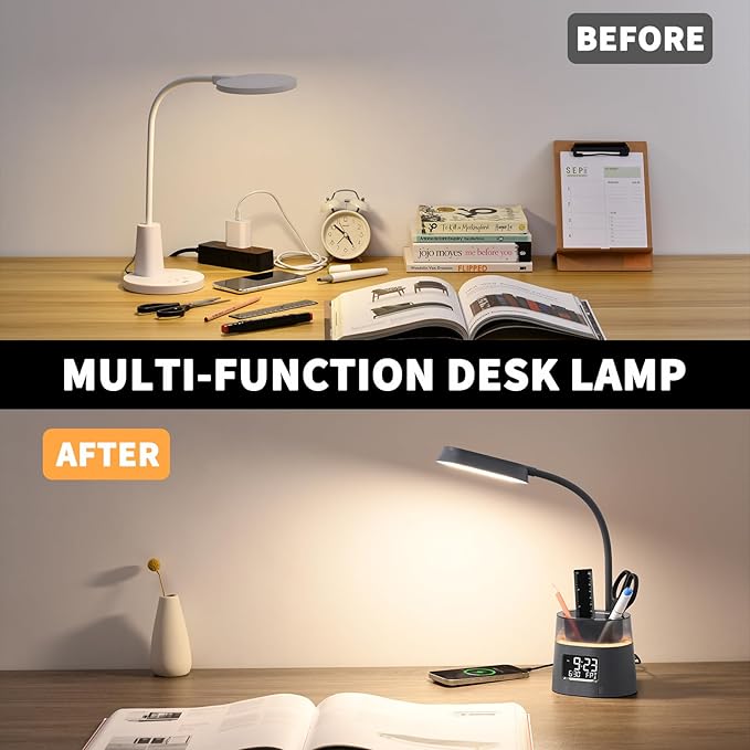 Led Desk Lamp for Home Office, Touch Table Lamp with Pen Holder, 3 Color Modes Stepless Dimmable Reading Light, Gooseneck Lamp for Dorm Room, Bedside Study Light with Clock for Kids, Girls, Boys