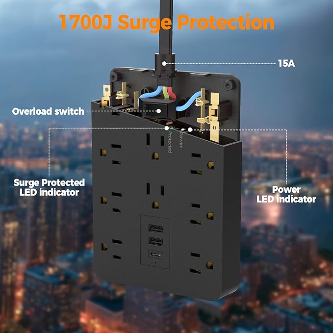 Surge Protector Power Strip Black, TESSAN Flat Plug Extension Cord 10 FT with 10 Widely AC Outlets 3 USB(1 USB C), 1700J Protection Multi Plug Charging Station for Home, Office, College Dorm Room