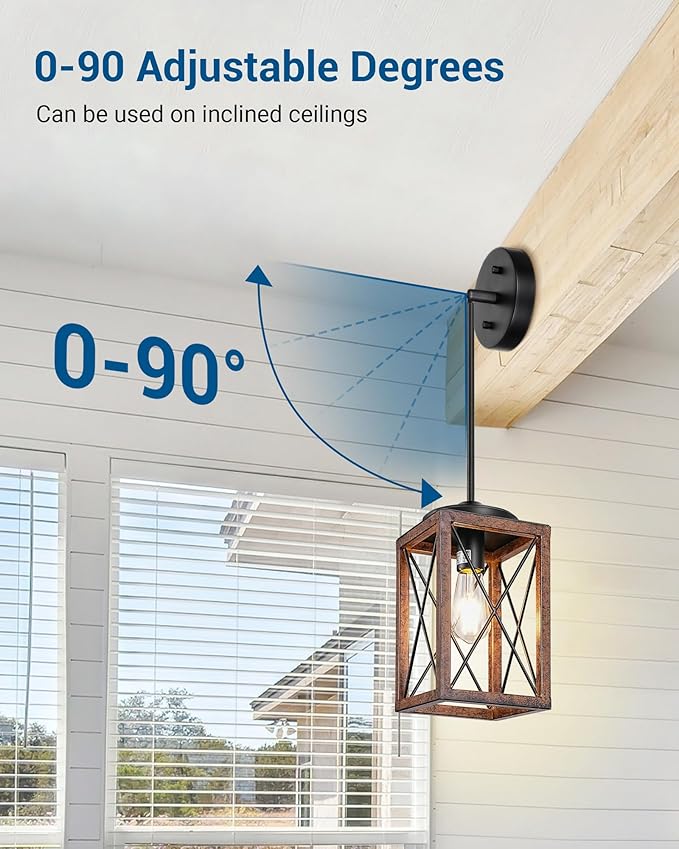 DEWENWILS Farmhouse Pendant Light, Metal Hanging Light Fixture with Wooden Grain Finish, 48 Inch Adjustable Pipes for Flat and Slop Ceiling, Kitchen Island, Bedroom, Dining Hall, E26 Base