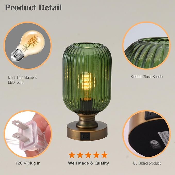 Mid Century Glass Table Lamp,Dimmable Desk Lamp,LED Bulb Included,Touch Control & USB A+C Port,Green Ribbed Glass