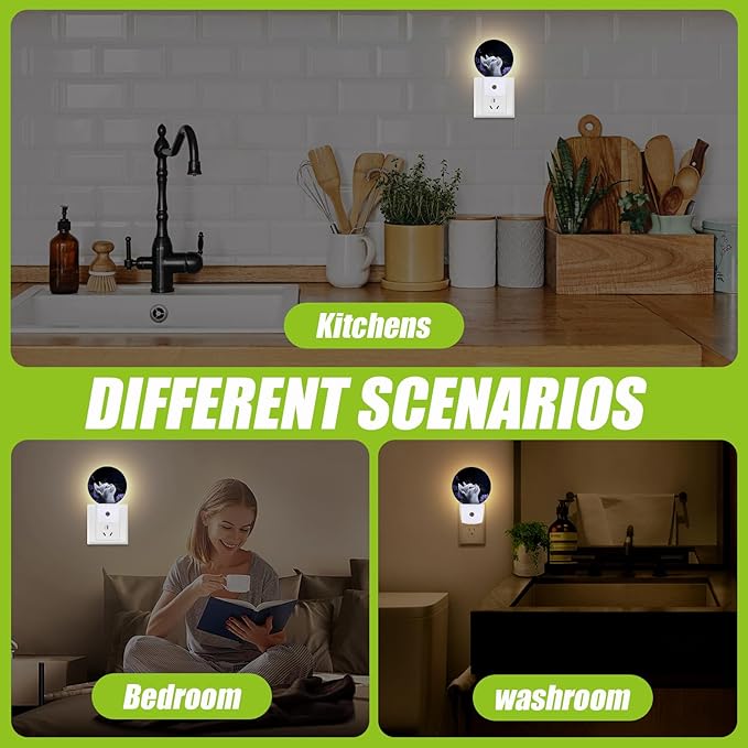 White Cat Night Light,Purple Flowers Plug-in Night Lights with Dusk-to-Dawn Sensor for Bedroom Bathroom and Living Room Sleep Friendly lamp