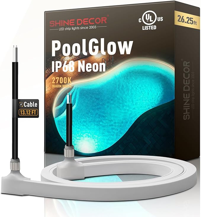 Shine Decor IP68 Waterproof LED Strip Light, 24V Pool Rated Submersible Silicone Neon, Underwater Outdoor LED Rope Light for Pool Fountain Waterfall Bathtub, 16x16mm, Warm White, 26.25FT
