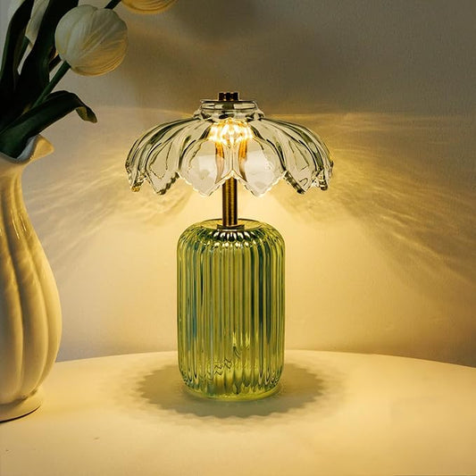MJ PREMIER Cordless Lamp, Battery Operated Lamp with Timer, Crystal Glass Flower Lampshade, Small Table Lamps, Decorative Led Light for Bedroom Living Room Shelf (S-Green)