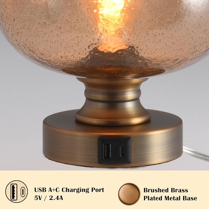 Mid Century Glass Table Lamp,Dimmable Desk Lamp,LED Bulb Included,Touch Control & USB A+C Port,Cognac Amber Seeded Glass