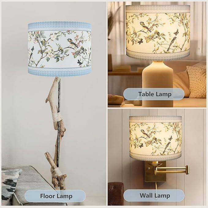 Fabric Linen Lamp Shade, Floral and Bird Pattern Lampshade, Blue Lamp Shades for Floor Lamps fit with Spider/Uno, 13x13x10inch Drum Lampshades for Table Lamp/Pendant (1Pack/Easy Assemble)