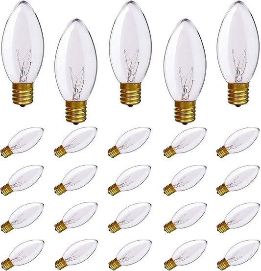 SUNSGNE 25 Pack C9 Clear Replacement Bulbs, C9 Christmas Light Bulbs Clear Incandescent Bulbs for Christmas Vintage String Light, E17 Intermediate Base, 7 Watt