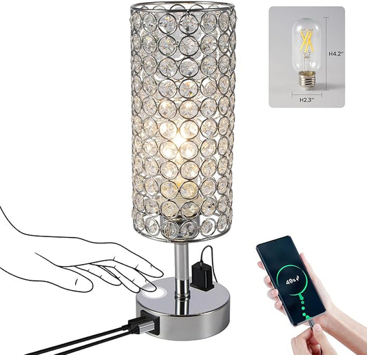 Crystal Table Lamp Touch Table Light Chrome Dimmable USB Charging Modern Bedside Lamps for Bedroom Night Stands Living Room (Bulb Included)