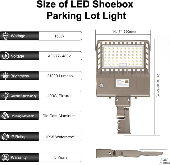 480V LED Parking Lot Lights 150W 21000LM LED Shoebox Pole Lights Fixture 400W HID/HPS Replacement 5000K IP65 AC 277-480V DLC UL Listed Outdoor Area Street Security Lighting for Stadium Roadways