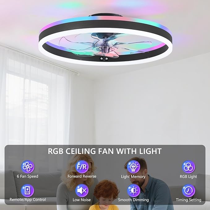STERREN RGB Ceiling Fan with Light, 20'' Low Profile Ceiling Fans, Black Flush Mount LED Fan Light with Remote Control, Modern Bladeless Fandelier for Bedroom, Living Room, Kitchen