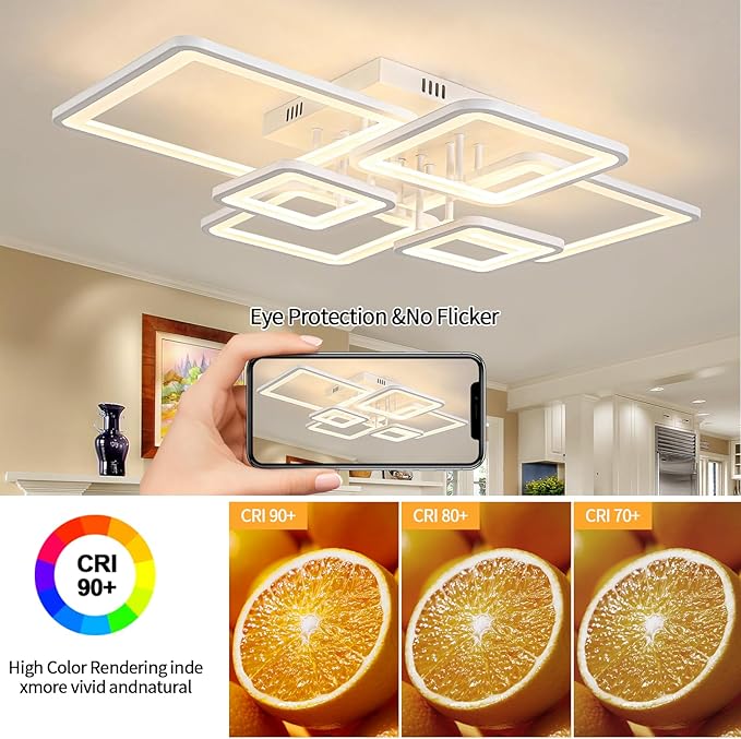 Modern LED Ceiling Lights for Bedroom Dimmable Modern 6 Ring Square Ceiling Lights for Living Room with Remote Control White Bedroom Ceiling Lamp Fixures for Kitchen,Bathroom,Balcony