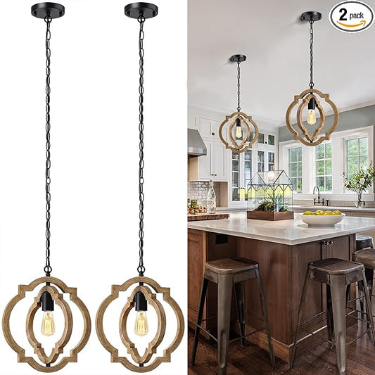 2-Pack Farmhouse Pendant Light Fixtures, Wood Grain Hanging Lights for Kitchen Island, Adjustable Height, E26 Base, Sloped Ceiling Compatible, Rustic Ceiling Light