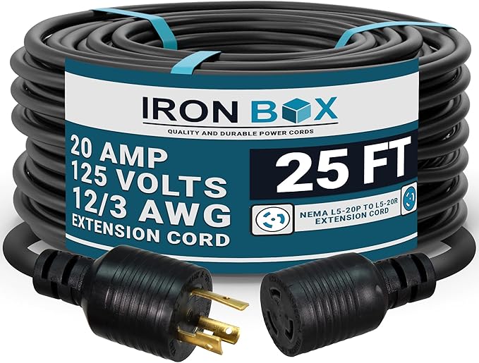 IronBox Electric NEMA L5-20P to L5-20R Power Cord - 20A, 125V, 12/3 AWG SJT - UL Listed Power Cable Adapter - Heavy Duty Extension Cord for Outdoor, RV, Generator, Data Center & More (25 ft, Molded)