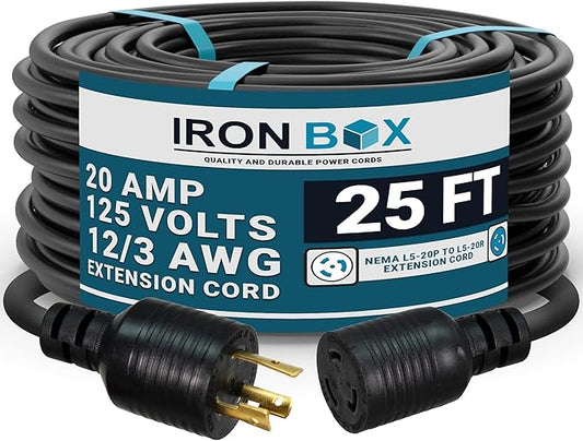 IronBox Electric NEMA L5-20P to L5-20R Power Cord - 20A, 125V, 12/3 AWG SJT - UL Listed Power Cable Adapter - Heavy Duty Extension Cord for Outdoor, RV, Generator, Data Center & More (25 ft, Molded)
