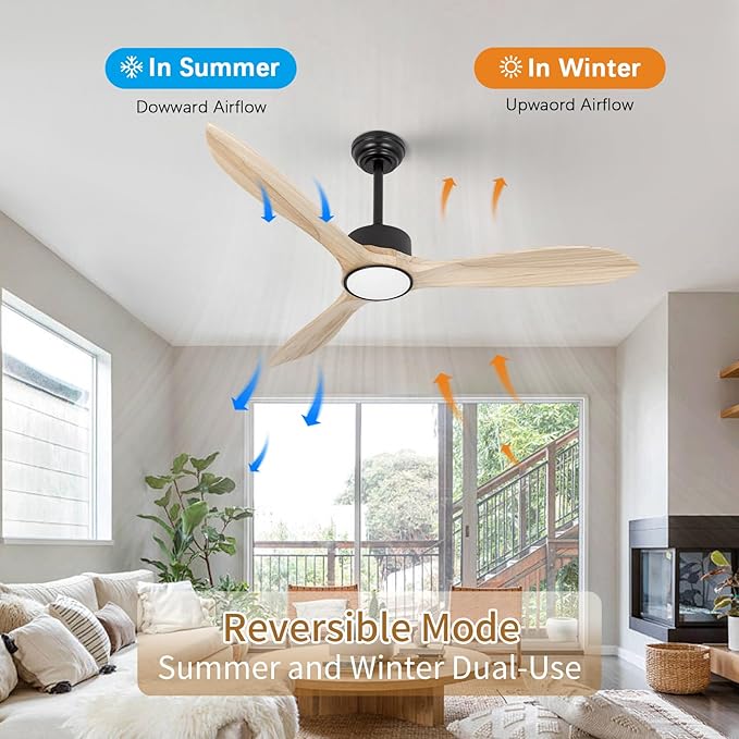 Wood Ceiling Fan with Lights,52Inch Ceiling Fans with Remote Control,Dimmable Light,3 CCT,6 Speeds,Noiseless DC Motor,2 downrod,Ceiling Fan for Bedroom,Living Room,Office,Indoor