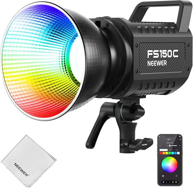 NEEWER 130W RGB LED Video Light APP/2.4G Control, COB Continuous Studio Key Lighting, 17 Effects 2500-7500K 19800lux CRI97 4 Dimming Curves, Bowens Spotlight for Video Recording Streaming, FS150C