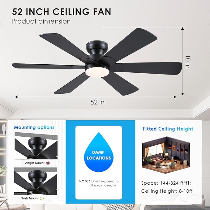 BayDay 52 inch Ceiling Fans with Lights, Black Ceiling Fan with Remote APP, Dual-Sided Modern/Rustic 6 Blades, Reversible, 3CCT, Flush Mount Low Profile Ceiling Fan with Lights Bedroom Kitchen Indoor