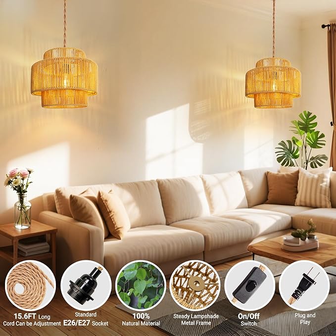 Hanging Light Ceiling Lamp Pendant Lights Rattan Hanging Lamp with Plug in Cord for Living Room Bedroom Kitchen Indoor Hanging Lamp Plug in Woven Lampshade