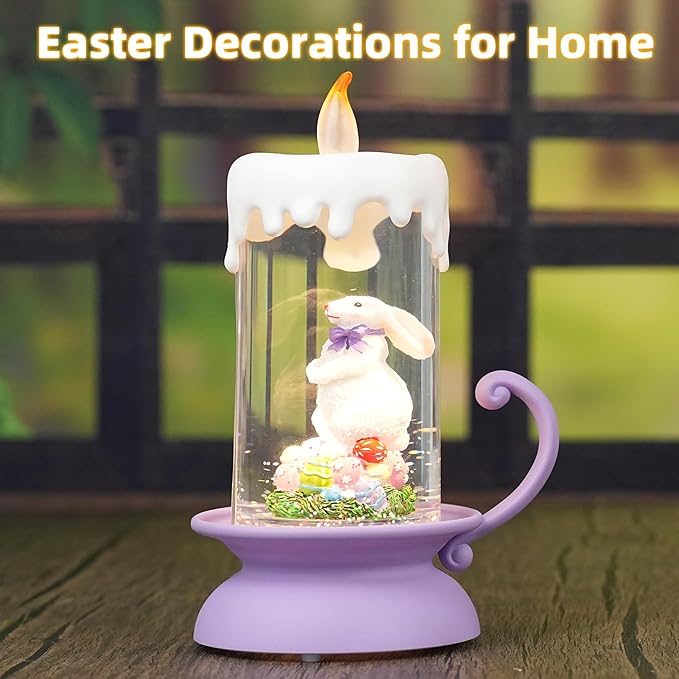 Easter Snow Globe Bunny Lantern with Swirling Glitter, USB & Battery Operated Easter Decorations for Home, Spring Tabletop Gifts