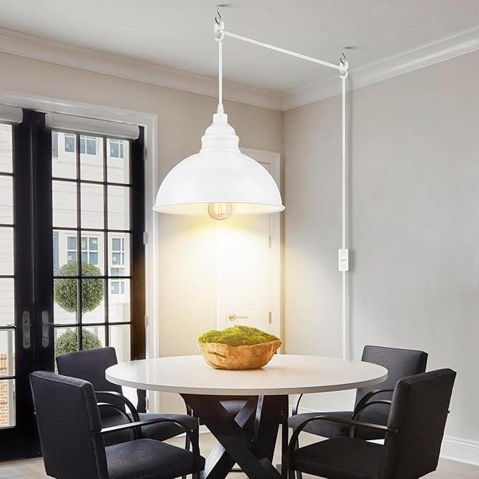 Plug in Pendant Light, 15FT Hanging Lights with Plug in Cord, On/Off Switch, Industrial Pendant Light with Plug in Cord, Metal Hanging Lamps for Living Room, Kitchen, Dining Room-Large White