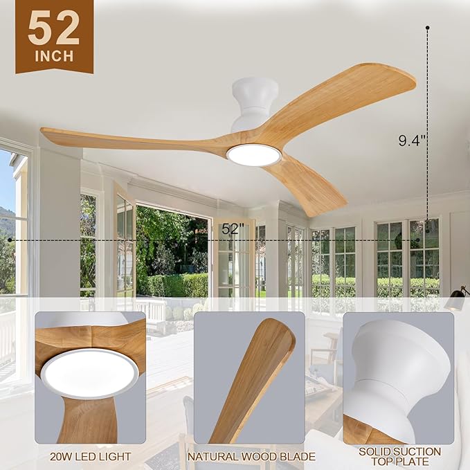 Flush Mount Ceiling Fans with Lights,52 inch,Remote Control,Wall Switch,Solid Wood Blades,Dimmable,Reversible Noiseless,Power Off Memory Modern Ceiling Fan for Bedroom Patio Indoor/Outdoor Use