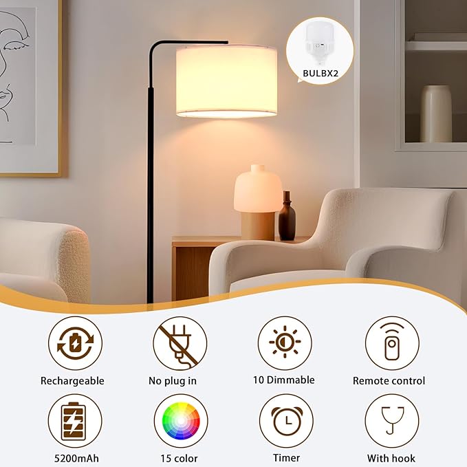 2-Light Dual-Bulb Cordless Floor Lamp, Extra Weighted Base Ultra-Stable Battery Lamp, 3 Color Temps Dimmable 2X Brighter, RGB Remote, Sturdy Standing Lamp for Bedroom Living Room Porch