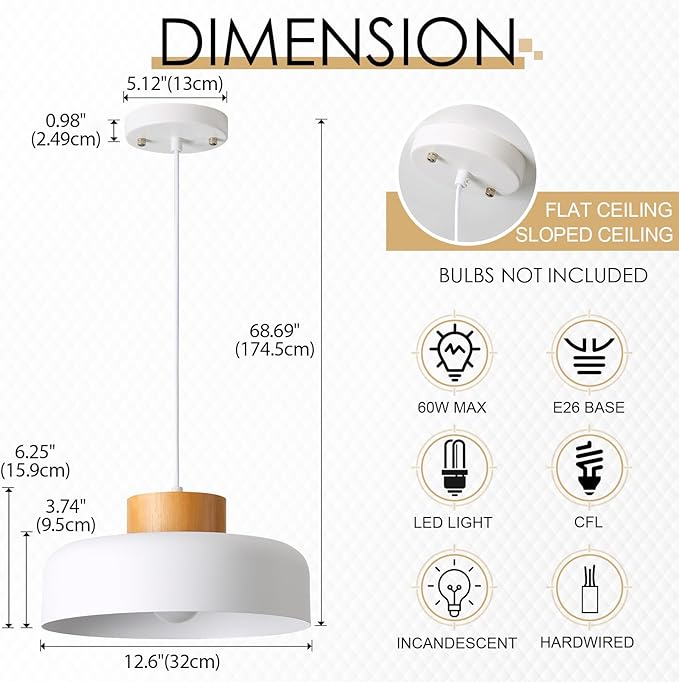 Modern Pendant Light,12.6 inch,Natural Wood Cap,Small Pendant Lighting for Kitchen Island,Dining Room,Matte White