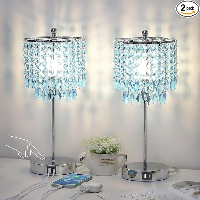 Boncoo Crystal Table Lamp with Touch Control and Dual USB Ports - 3-Way Dimmable Bedside Light with Teal Lamps Shade for Living Room Bedroom, Elegant Home Decor - LED Bulb Included