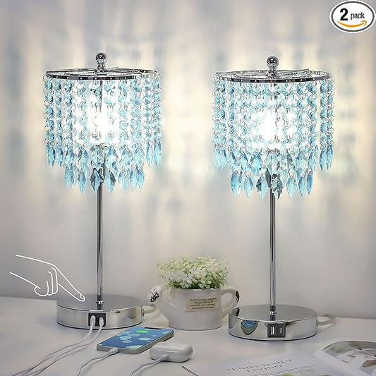 Boncoo Crystal Table Lamp with Touch Control and Dual USB Ports - 3-Way Dimmable Bedside Light with Teal Lamps Shade for Living Room Bedroom, Elegant Home Decor - LED Bulb Included