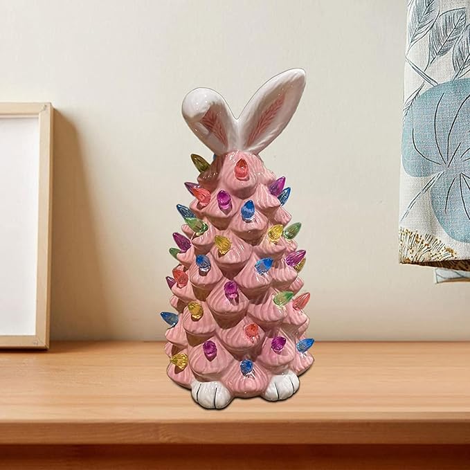 2026 Newly Lighted Easter Bunny Resin Tabletop Tree 6 Inches Pre-Lit Rabbit Figurines with Colorful Lamp Beads and Bunny Ear Top Spring Easter Holiday Decor Gifts