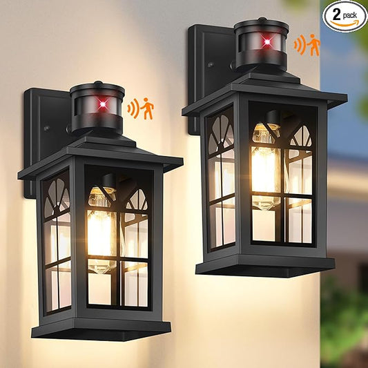 2-Pack Motion Sensor Outdoor Wall Lights, Dusk to Dawn Porch Lights Outdoor Wall Sconces Lanterns, Aluminum Exterior Lighting Fixtures, 3 Lighting Modes Outside Lights for House Front Door Garage