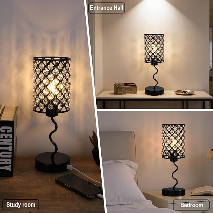 Crystal Table Lamp with 3 Way Dimmable Touch Control, Nightstand with USB A+C Ports, Modern Bedside Touch Lamp for Bedroom, Living Room, Office Reading, Black