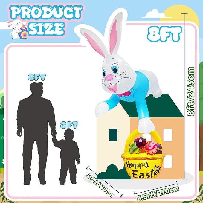 8FT Climbing Easter Inflatables Outdoor Decorations Blue Inflatable Bunny Eggs Decor with LED, Easter Blow Ups for Outside Roof Yard Shop Fence