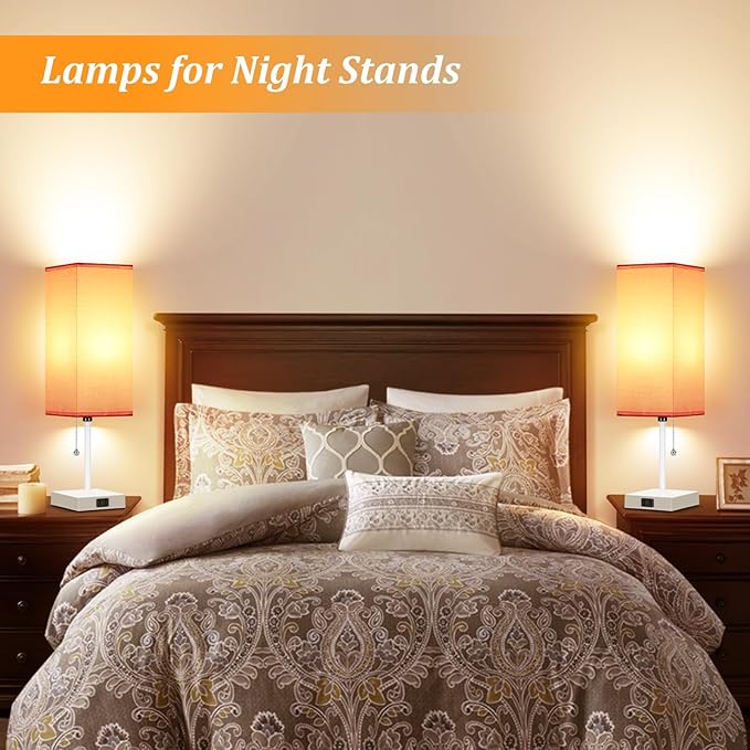 18'' Table Lamp for Bedroom set of 2,3-Color Bedside Lamps with Pull Chain Table Lamps for Night stands ,Small Night Light Lamps with 2 Bulbs Lamps for Living Room Kids Room Office Decor（Pink+White）