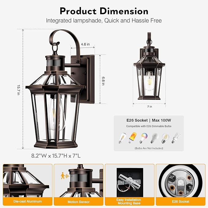 VIANIS Motion Sensor Porch Lights Outdoor Wall Sconce, Aluminum Dusk to Dawn Outdoor Lighting, Waterproof Oil Rubbed Bronze Gold Trim Exterior Lighting Fixtures, Outside Wall Lights for House, Garage