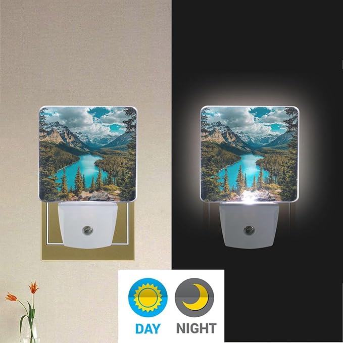 Forest and Lake Night Light 2 Pack Dusk to Dawn Sensor Led Lamp for Women Men Night Lights Plug into Wall Decor for Bedroom Kitchen Bathroom Corridor, 0.5W